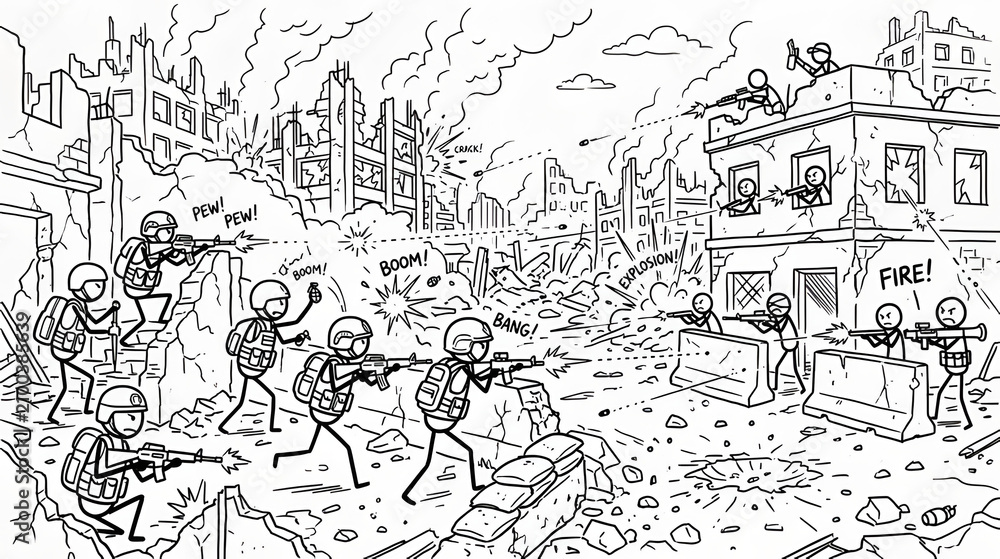 Obraz premium Warzone Conflict Sketch: A chaotic stick figure illustration depicting an intense urban battlefield scene, showing soldiers engaged in combat amid crumbling ruins and heavy destruction.