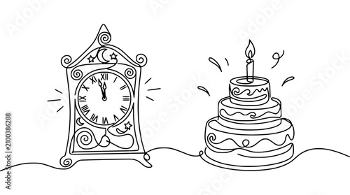 Photography New Year's Eve Celebration: Clock Striking Midnight and Birthday Cake with Candl