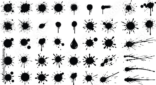 Tableau sur toile Large collection of abstract black ink splashes and paint splatters on white bac