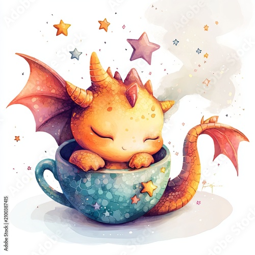 Sleeping Dragon in a Teacup Surrounded by Colorful Stars and Magic