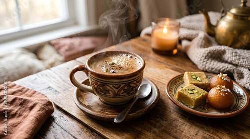 A warm and cozy breakfast setup with a cup of coffee and pastries on a wooden table by the window