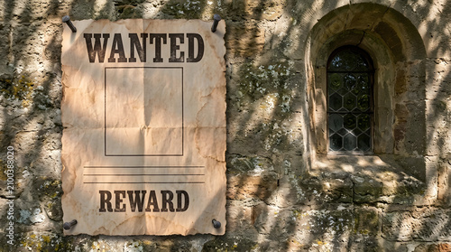 Vintage Wanted Poster with Reward on Ancient Stone Wall