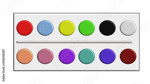 3D watercolor paint palette vector illustration paintbox with colorful circles isolated on white background kids art supply