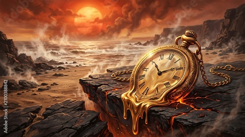 Concept art of a surreal melting pocket watch on cracked dark rocks with a fiery sky and stormy ocean background.