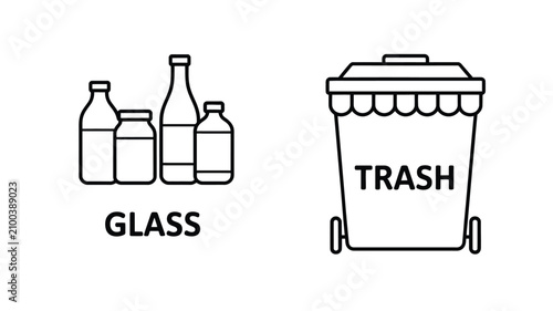 Bild auf Leinwand Waste sorting vector line icon set featuring glass bottles jars and trash wheeli