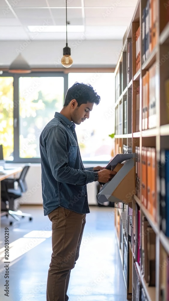 Fototapeta premium Young man searching through organized office binders on shelves, professional archive management, research and documentation, workplace productivity