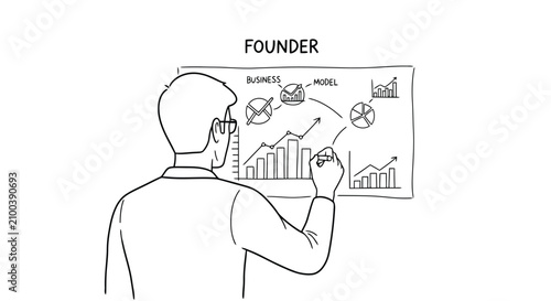 Vector art of founder presenting business plan and growth charts to investors in office setting