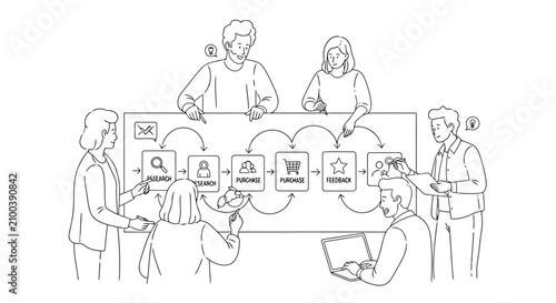 Vector art of diverse group collaborating on digital project with tablets and shared ideas in modern workspace