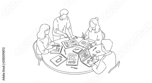 Vector art of group of people collaborating around a table with documents and laptops in a team meeting