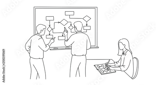 Vector art of team collaborating on flowchart and laptop in office meeting with whiteboard