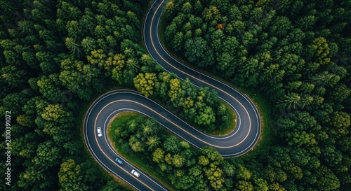 Aerial view of a winding asphalt road snaking through a dense green forest with cars navigating sharp curves