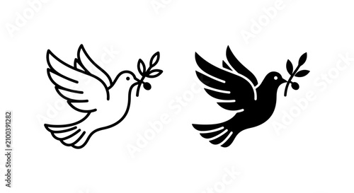 Foto Peace dove vector icons with olive branch, flying bird of peace symbols, black a