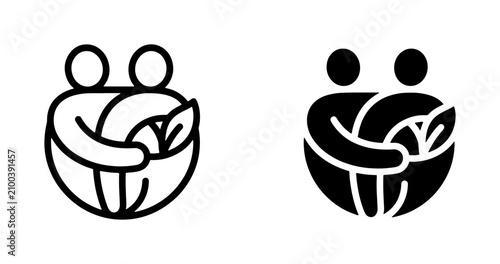 Eco friendly community logo, sustainable people holding leaves icon, green living and environmental care vector set