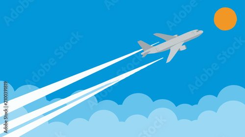 Fotografía Illustration of airplane flying in blue sky with sun, clouds and contrails