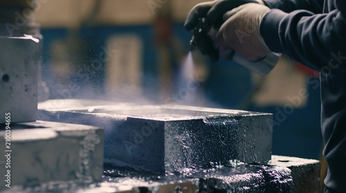 Medium shot of a worker evenly spraying release coating on graphite molds used in die casting ensuring smooth metal flow for precision manufacturing.