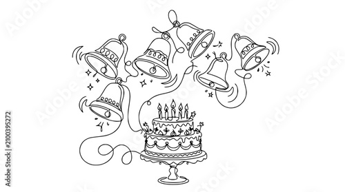Foto Birthday Cake with Ringing Bells and Candles - Celebration Illustration