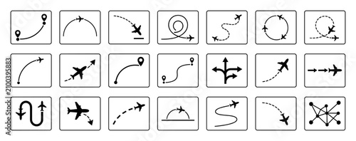 Fotografía Set of airplane flight route icons depicting various path trajectories and direc