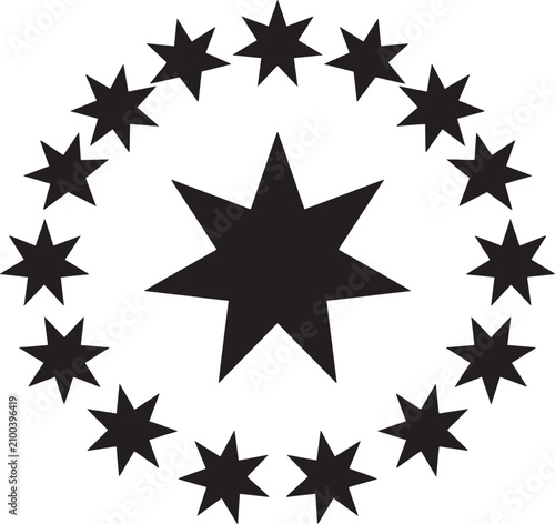 Black star shape surrounded by a circular ring of smaller stars in a simple graphic design isolated on transparent background, Vector