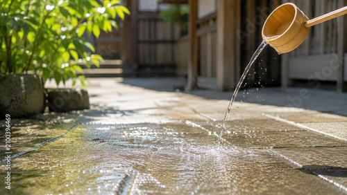 石畳に打ち水をする夏の風景