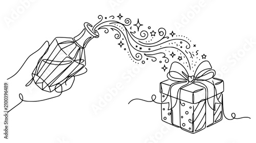Foto Hand pours magic liquid from bottle to gift box, creating sparkling stars and swirls