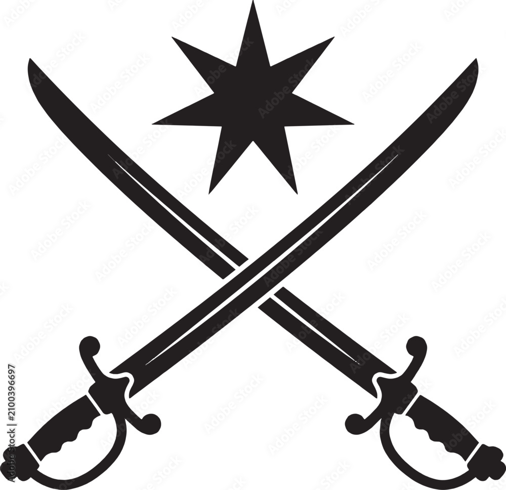 Fototapeta premium Black silhouette icon of two crossed swords with a star symbol above isolated on transparent background, Vector