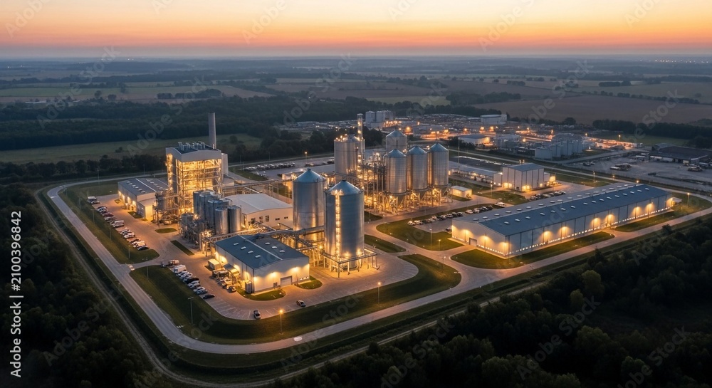 Fototapeta premium Illuminated Industrial Power Plant Complex at Dusk Aerial View