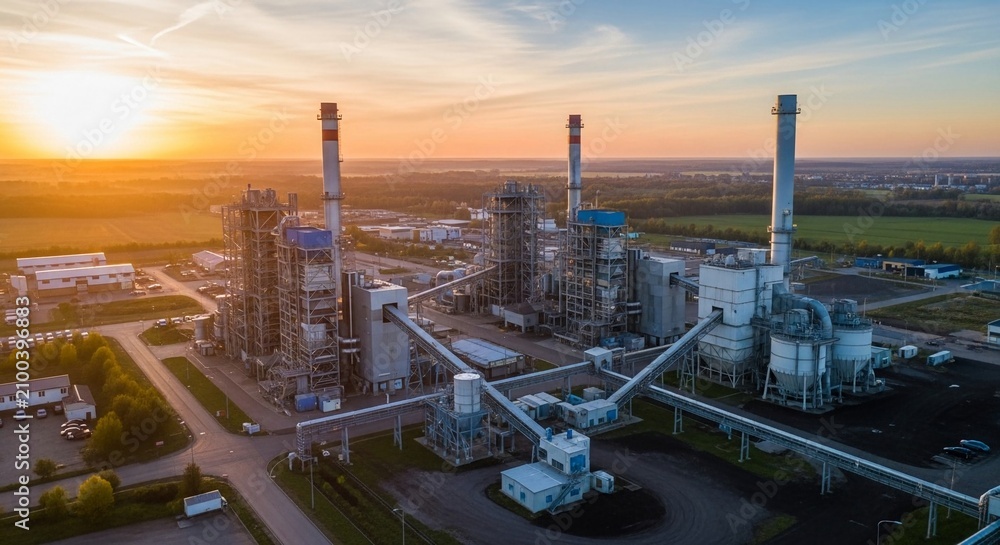Fototapeta premium Imposing industrial power plant facility with towering smokestacks during a vibrant sunset, generating energy for the grid.