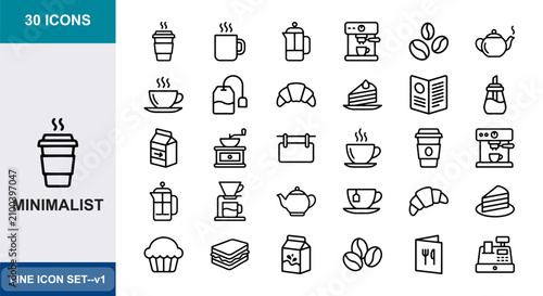 30 Coffee Shop linear icon set food and drink items, UI and web interface design
