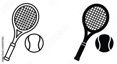 Photography Tennis Racket Icon set, minimalist outline racket symbols