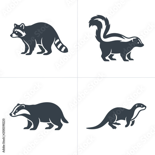 Quadro su tela Raccoon and animal silhouettes walking.