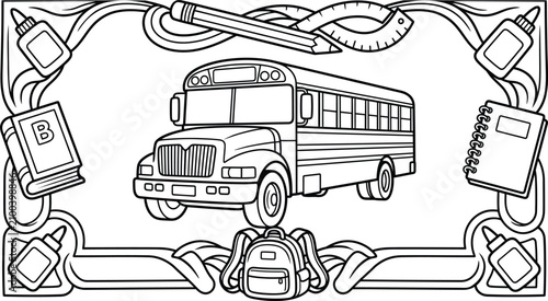 Konstfotografi A comprehensive coloring page featuring a school bus surrounded by school supplies like notebooks, pencils, and glue bottles