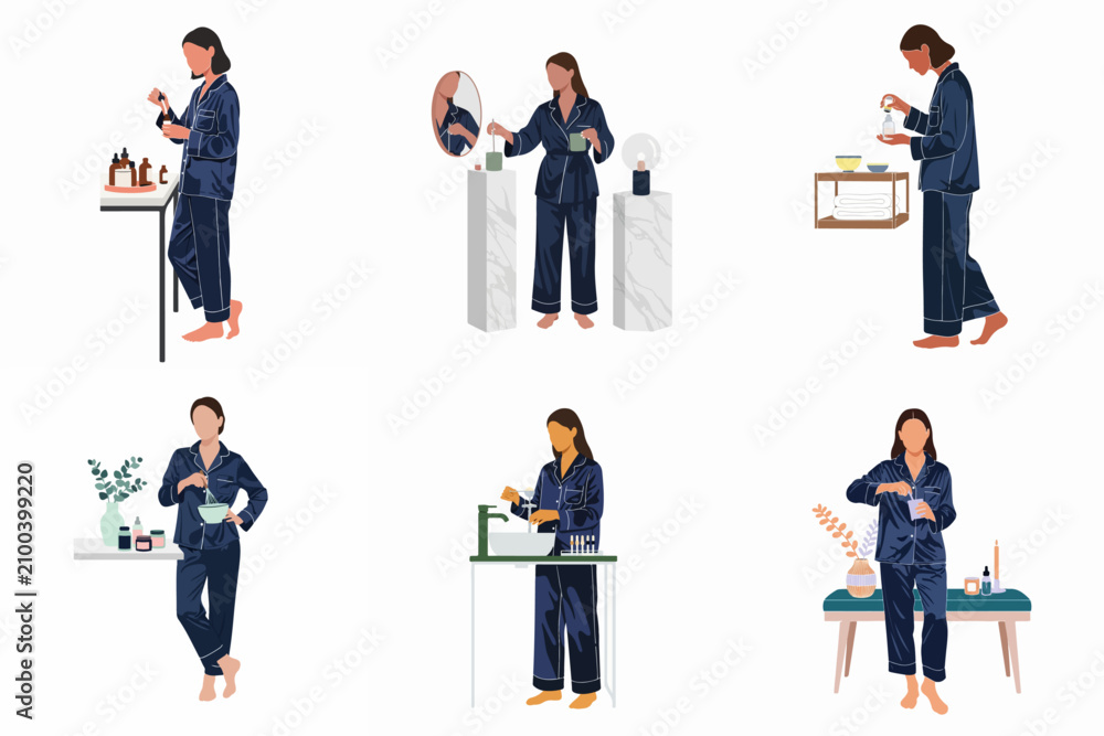 Obraz premium Flat vector illustration set of a woman in blue silk pajamas performing various skincare and self-care morning or evening routines.