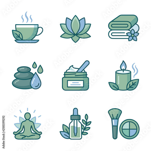 Spa wellness icons with green color.