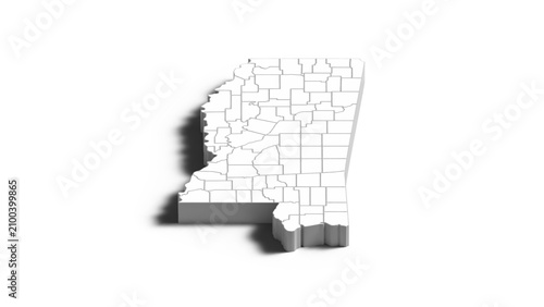 Mississippi 3D Map with County Boundaries, Minimal USA State Administrative Division Isometric Vector Illustration