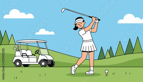 Female golfer practicing her swing on a green field with a golf cart nearby under a bright sunny sky during a sport day out.