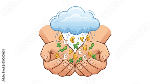 Hands catching falling currency symbols and growth arrows from a cloud.