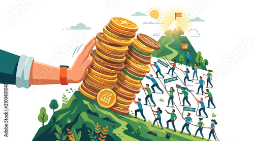 People climbing mountain with money bags, teamwork, investment, success concept