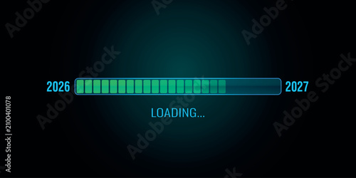 Progress bar visually representing the transition from 2026 to 2027. Progress Indicator progress bar against a dark background