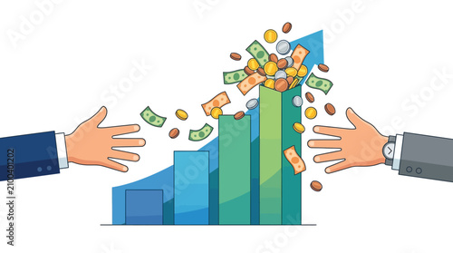 Financial Growth Concept: Hands Reaching for Money Bursting from Upward Graph