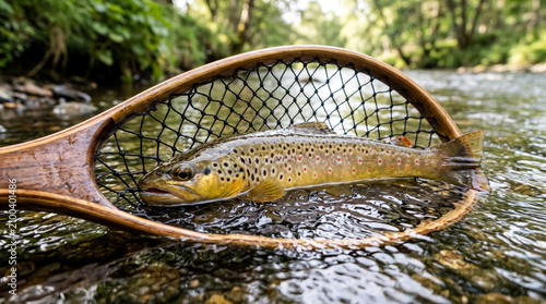 Freshly caught brown trout in landing net fly fishing success