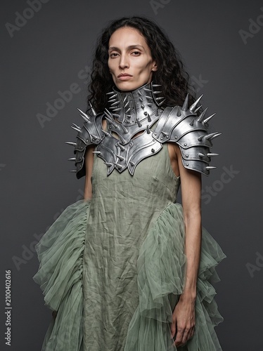 Stoic Female Warrior Portrait Wearing Spiked Metal Shoulder Armor Over Ethereal Green Dress