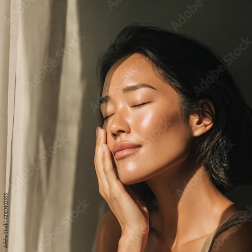 Serene woman with radiant glowing skin touching her face in natural morning sunlight for a skincare beauty routine