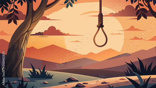 Symbolic noose hanging from a tree in a melancholic landscape with landscape symbolic melancholy metaphor silhouette isolation illustration emotional struggle dramatic sculpture finality