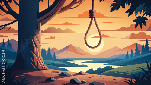 Conceptual illustration of a noose suspended from a tree branch with landscape symbolic melancholy metaphor silhouette isolation illustration emotional struggle dramatic sculpture finality