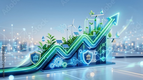 Green economy growth chart with renewable energy icons, sustainable development concept, rising arrow indicating financial profit and ecological balance, futuristic city skyline...