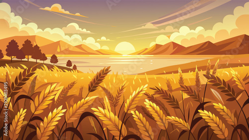 Golden wheat field at sunset with mountains in the background mountains landscape agriculture countryside peaceful outdoors illustration background wallpaper environment harvesting
