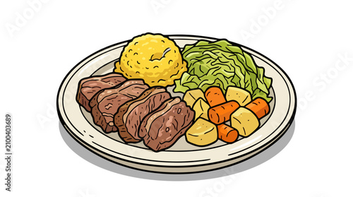 Newfoundland Jiggs dinner plate with salt beef pease pudding and vegetables isolated vector illustration