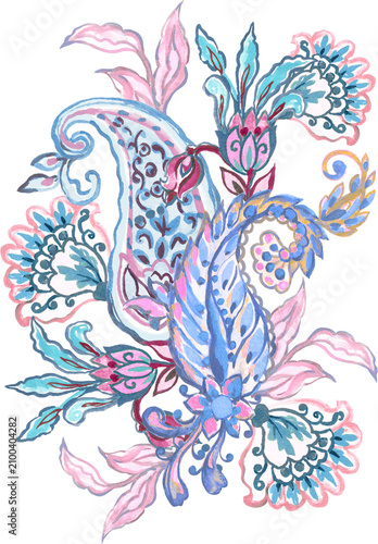 Watercolor Illustration pastel outline paisley damask eastern motif  folk henna tattoo  element