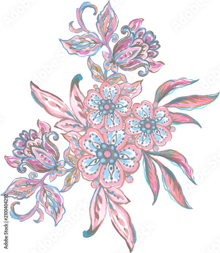 Watercolor Illustration pastel outline paisley damask eastern motif  folk henna tattoo  element