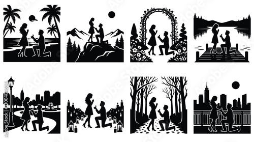 Tableau sur toile Eight black silhouette scenes depicting a man proposing to a woman in various ro